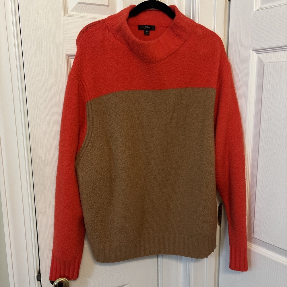 J.Crew Women 3X Colorblock Mock Neck Sweater Wool Alpaca Orange Tan AE946
